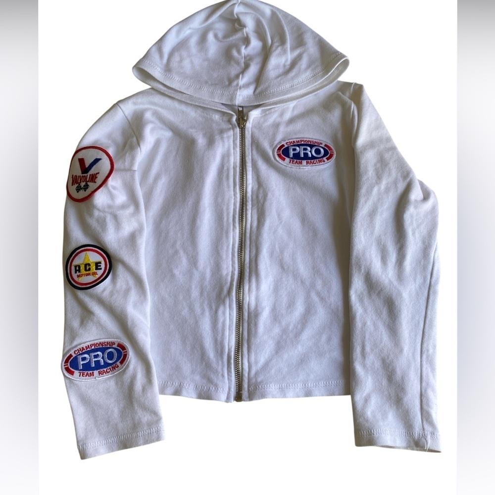Kids White vintage y2k Hoodie with Fun Patches raicing valvoline